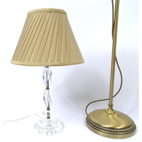 118 - Two brass and glass table lamps and a brass standard lamp, all with pleated shades