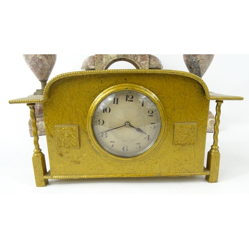 539 - Victorian marble three piece clock garniture, together with a painted metal Art Nouveau style clock