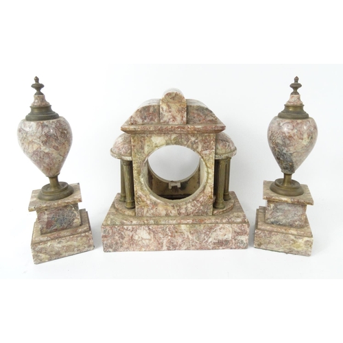 539 - Victorian marble three piece clock garniture, together with a painted metal Art Nouveau style clock