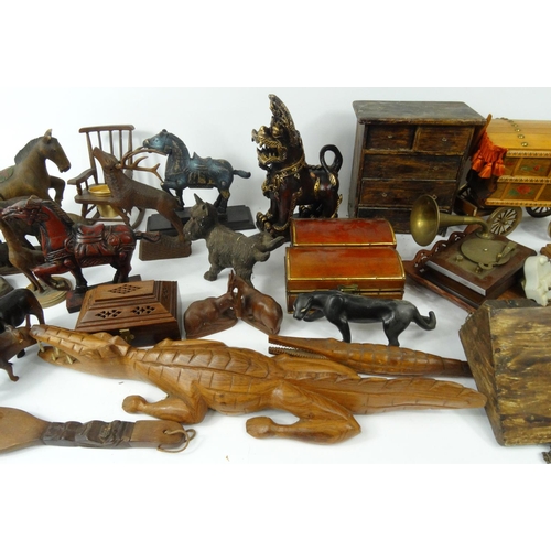 307 - Two boxes of assorted wooden items, including gypsy caravan, animals, jewellery boxes, horses, carve... 