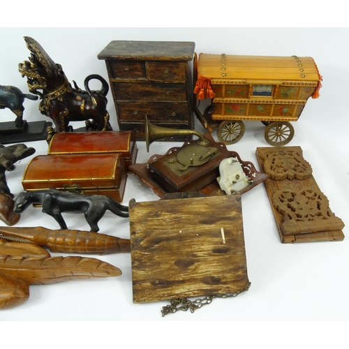 307 - Two boxes of assorted wooden items, including gypsy caravan, animals, jewellery boxes, horses, carve... 