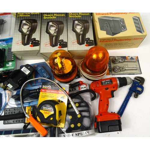 495 - Two boxes of mostly as new electrical items, tools and car accessories including halogen spot lights... 