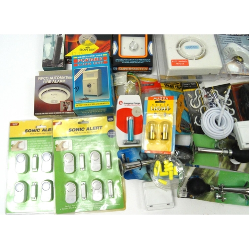 483 - Two boxes of mostly as new electrical items and tools including timer switches, extension leads, ala... 