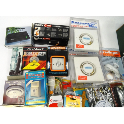 483 - Two boxes of mostly as new electrical items and tools including timer switches, extension leads, ala... 