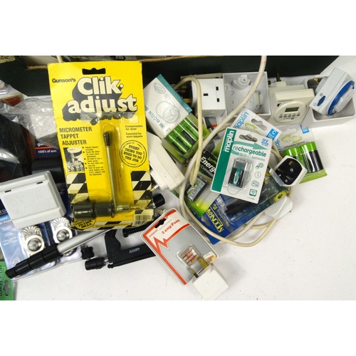 483 - Two boxes of mostly as new electrical items and tools including timer switches, extension leads, ala... 