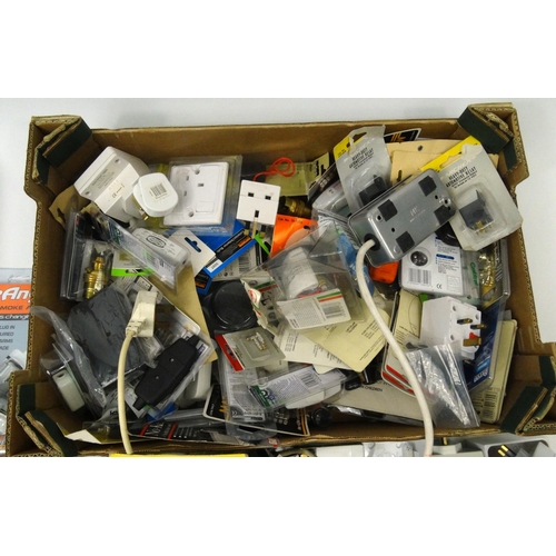 483 - Two boxes of mostly as new electrical items and tools including timer switches, extension leads, ala... 