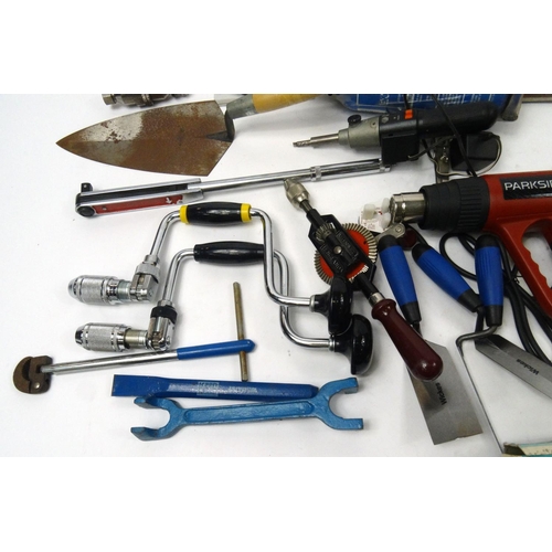 511 - Two boxes of mostly as new tools, electrical items and car accessories including hand drills, burner... 