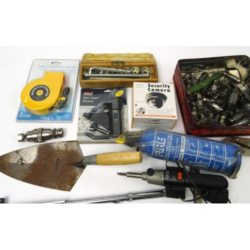 511 - Two boxes of mostly as new tools, electrical items and car accessories including hand drills, burner... 