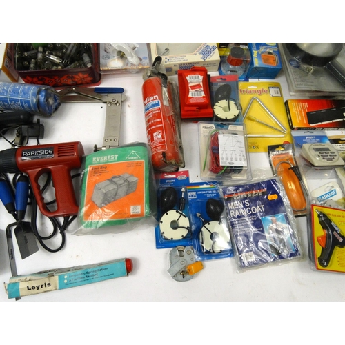 511 - Two boxes of mostly as new tools, electrical items and car accessories including hand drills, burner... 