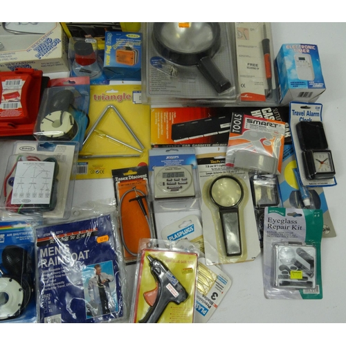 511 - Two boxes of mostly as new tools, electrical items and car accessories including hand drills, burner... 