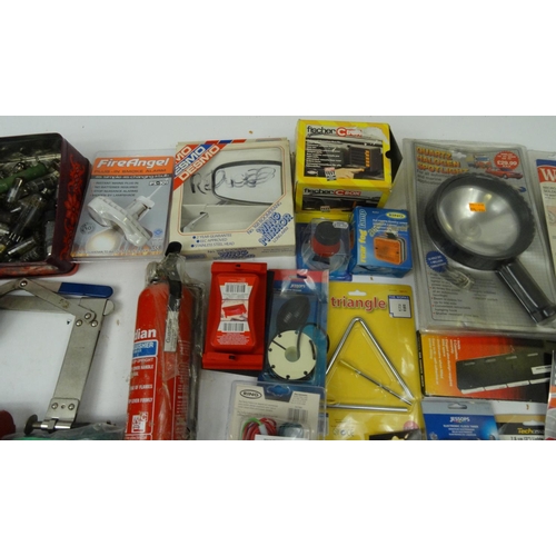 511 - Two boxes of mostly as new tools, electrical items and car accessories including hand drills, burner... 