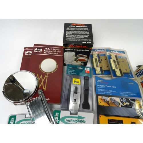 507 - Two boxes of mostly as new tools, electrical items and car accessories including a heavy duty hammer... 