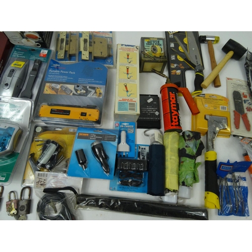 507 - Two boxes of mostly as new tools, electrical items and car accessories including a heavy duty hammer... 