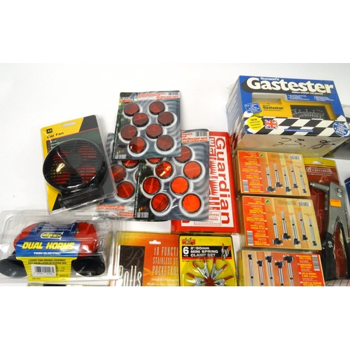 230 - Two boxes of mostly as new tools, electrical items and car accessories, including a Draper socket se... 