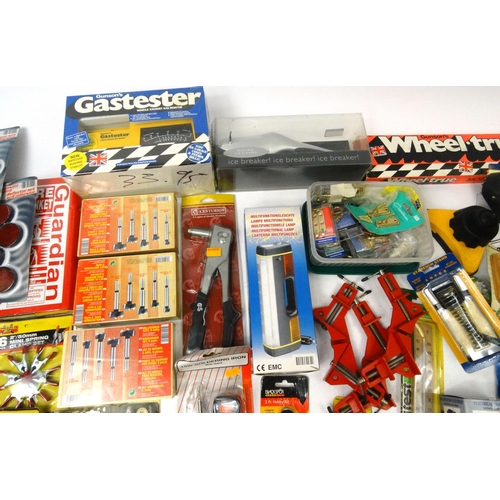 230 - Two boxes of mostly as new tools, electrical items and car accessories, including a Draper socket se... 