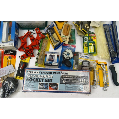 230 - Two boxes of mostly as new tools, electrical items and car accessories, including a Draper socket se... 