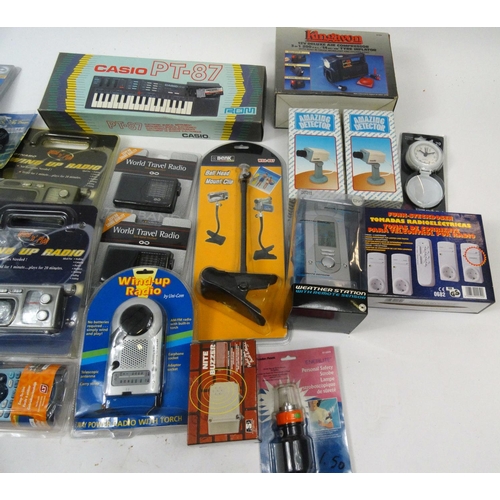 292 - Box of mostly as new electrical items including radios, time switches, universal AC/DC adapters etc.