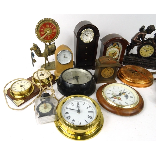 476 - Box of assorted decorative mantel clocks and barometers, including ship's design examples