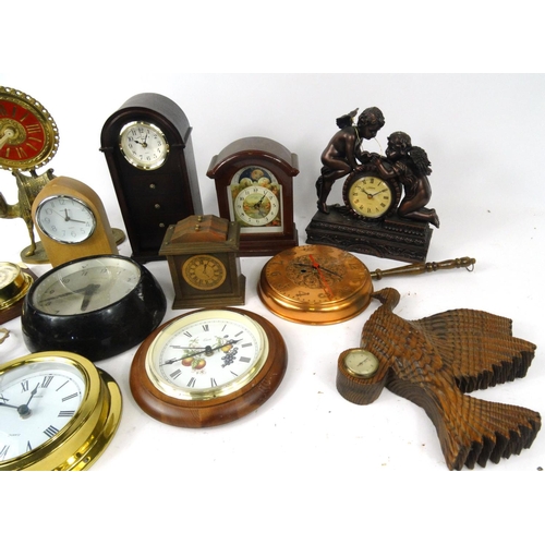 476 - Box of assorted decorative mantel clocks and barometers, including ship's design examples