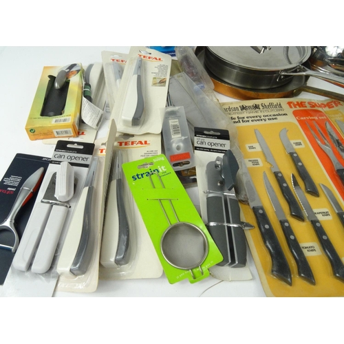 478 - Box of kitchen allia including as new packaged utensils, Le Creuset saucepan etc