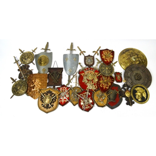 638 - Collection of decorative cross sword chess plate and shield plaques, the larger approximately 65cm h... 