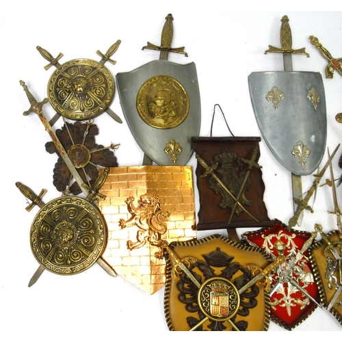 638 - Collection of decorative cross sword chess plate and shield plaques, the larger approximately 65cm h... 