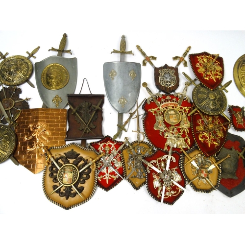 638 - Collection of decorative cross sword chess plate and shield plaques, the larger approximately 65cm h... 