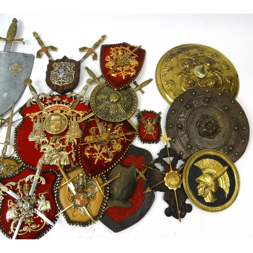 638 - Collection of decorative cross sword chess plate and shield plaques, the larger approximately 65cm h... 