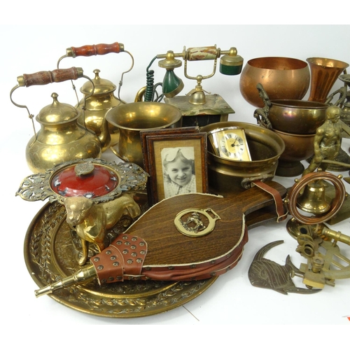 296 - Two boxes of mostly brassware including figures and animals, vases, planters, teapots, an onyx telep... 