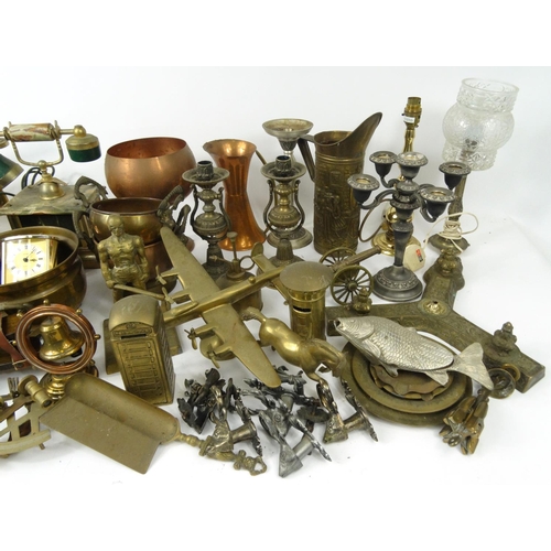 296 - Two boxes of mostly brassware including figures and animals, vases, planters, teapots, an onyx telep... 