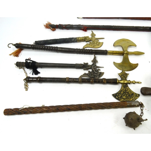 634 - Collection of decorative Medieval style weapons including a mace, spears, axes etc.