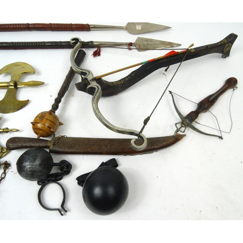 634 - Collection of decorative Medieval style weapons including a mace, spears, axes etc.