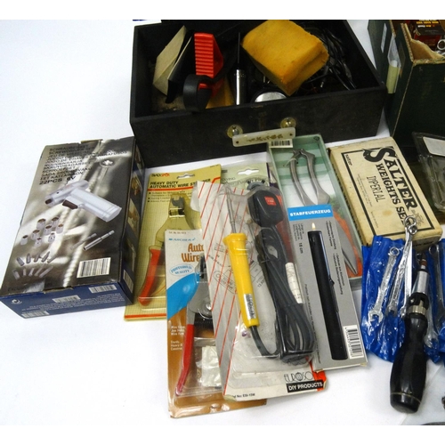 486 - Two boxes of assorted tools, electrical items and car accessories, including spanners, wrenches, tor... 