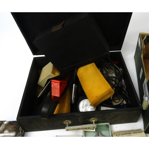 486 - Two boxes of assorted tools, electrical items and car accessories, including spanners, wrenches, tor... 