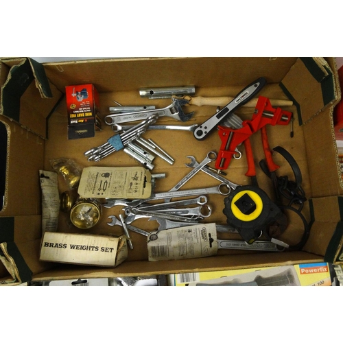 486 - Two boxes of assorted tools, electrical items and car accessories, including spanners, wrenches, tor... 