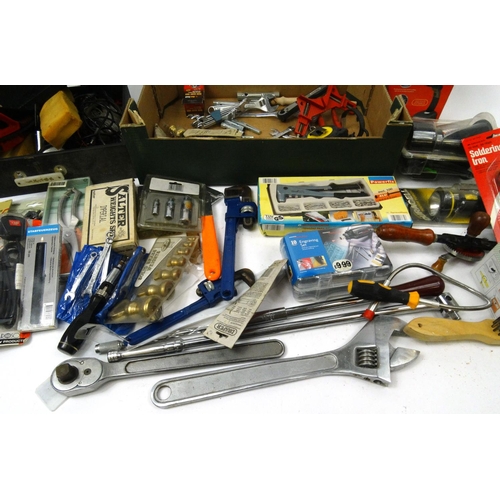 486 - Two boxes of assorted tools, electrical items and car accessories, including spanners, wrenches, tor... 