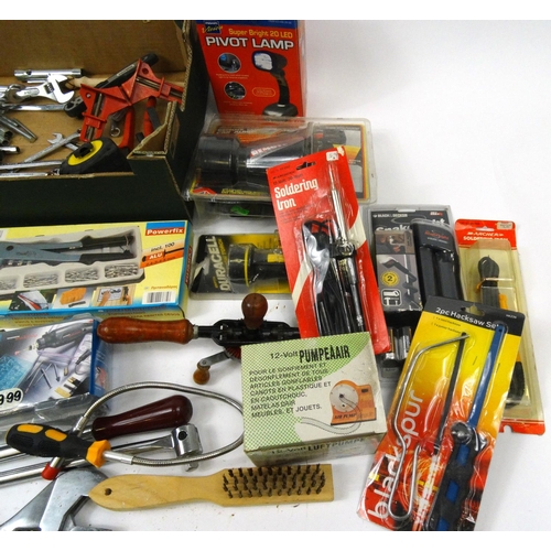 486 - Two boxes of assorted tools, electrical items and car accessories, including spanners, wrenches, tor... 