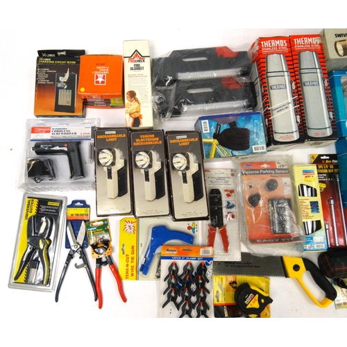 523 - Two boxes of mostly as new tools, electrical items and car accessories including torches, universal ... 