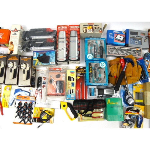 523 - Two boxes of mostly as new tools, electrical items and car accessories including torches, universal ... 