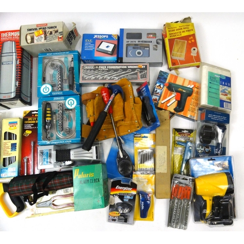 523 - Two boxes of mostly as new tools, electrical items and car accessories including torches, universal ... 