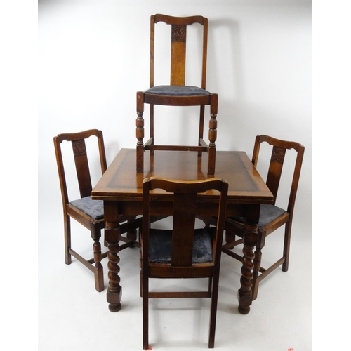 82 - Oak barley twist draw leaf dining table and four chairs