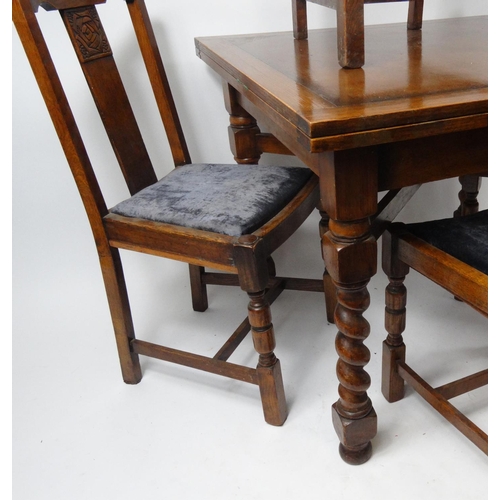 82 - Oak barley twist draw leaf dining table and four chairs