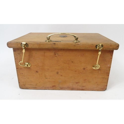 122 - Pine box with brass lion head handles and a silver football interest plaque to the lid, 57cm long