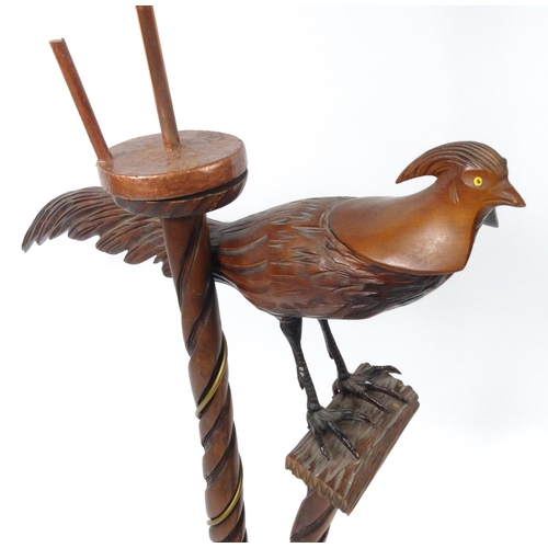 15 - Carved wooden pheasant standard lamp, 158cm high