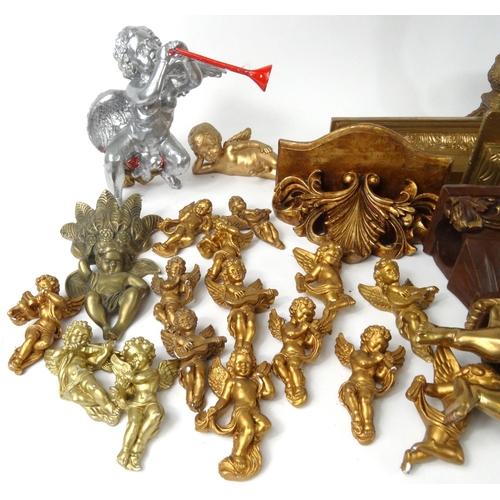 491 - Collection of decorative Putti and Cherub figures, ornate wall brackets etc.