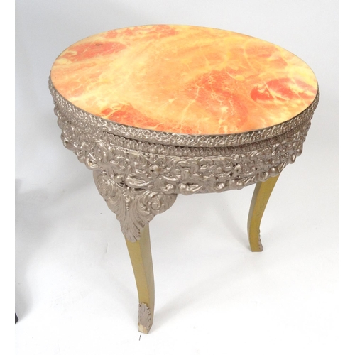 125 - Two simulated marble and onyx gilt occasional tables and a mahogany tripod occasional table