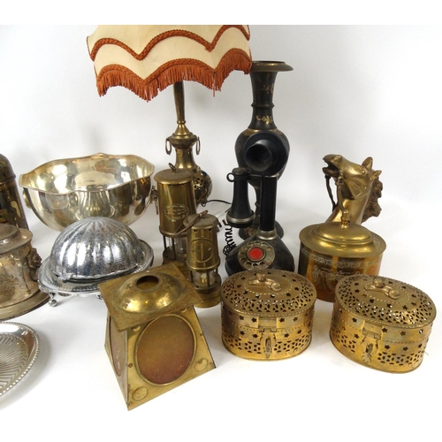 521 - Two boxes of metal ware, including brass caskets, miners lamps, silver plated items, claret jugs, a ... 