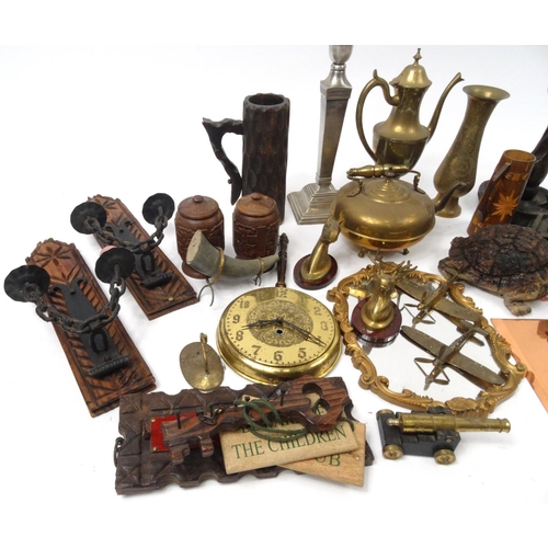 525A - Box of wooden and metal items, including brass vases, candle sticks, animal busts, gilt framed mirro... 