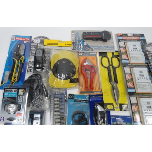 525 - Two boxes of mostly as new electrical items, tools and car accessories, including ultrasonic alarm s... 