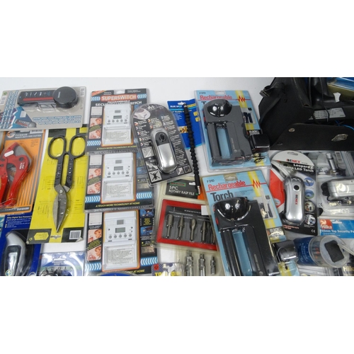 525 - Two boxes of mostly as new electrical items, tools and car accessories, including ultrasonic alarm s... 